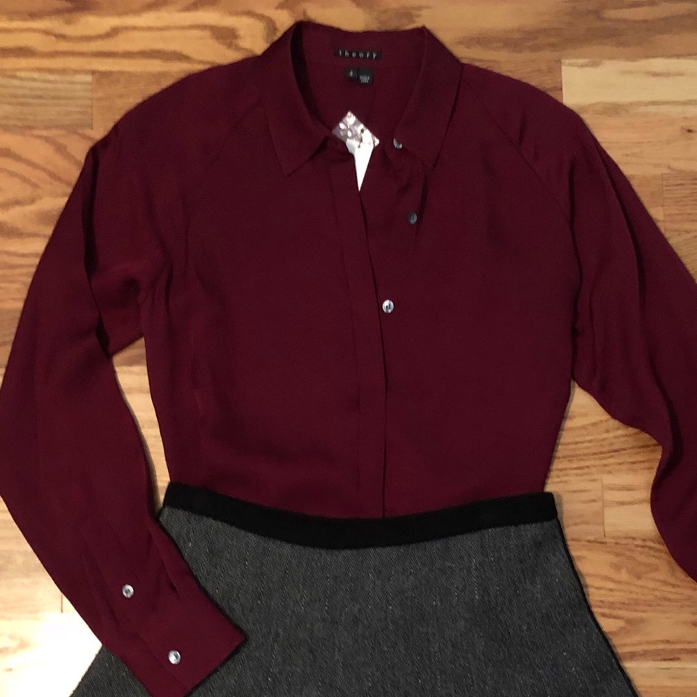 NWT Theory Deep Red Silk Button Down Blouse Sz S